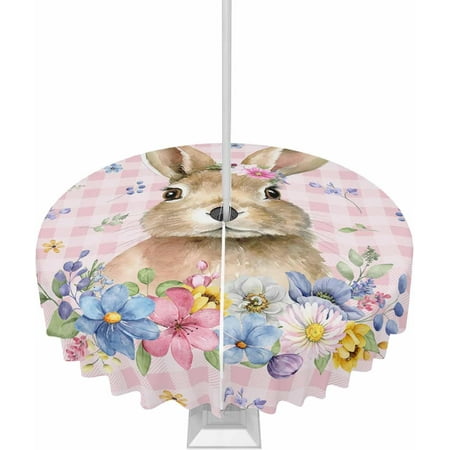 

Easter Bunny Outdoor Tablecloth - 52x70 Inch Rectangle Dining Table Cover Spring Floral Botanical Pink Plaid Watercolor Waterproof Outdoor Table Cloth with Umbrella Hole & Zipper for Patio