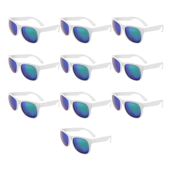 10 Color Lens Sunglasses with White Frames Pack - UV 400, Reflector Mirrored - Blue