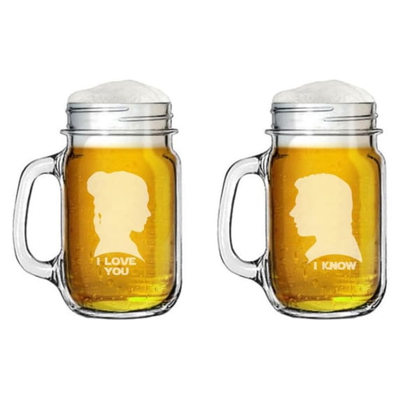 16oz Mason Jar Glass Mug w/Handle Gift Set of 2 I Love You I Know Gift For Couple Anniversary Engagement Wedding