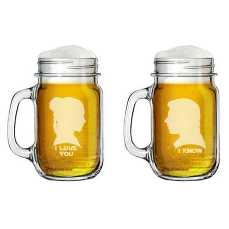 16oz Mason Jar Glass Mug w/Handle Gift Set of 2 I Love You I Know Gift For Couple Anniversary Engagement Wedding