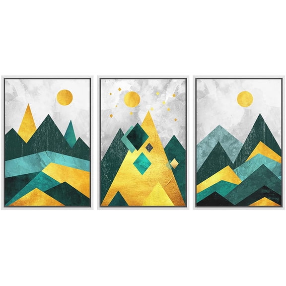 wall26 Framed Wall Art Print Set Gold, Teal and Green Geometric Mountains Nature Wilderness Illustrations Modern Art Rustic Colorful Multicolor for Living Room, Bedroom, Office - 16"x24"x3 White
