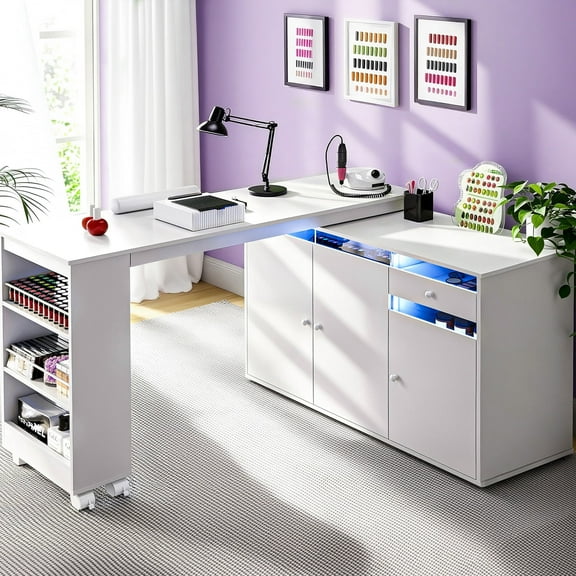 Advwin Rotating L-Shaped Manicure Table with Dust Collector, LED Light, Storage Cabinets & Shelves, Modern Nail Desk for Nail Tech, Space-Saving Manicure Workstation for Salon or Home, White