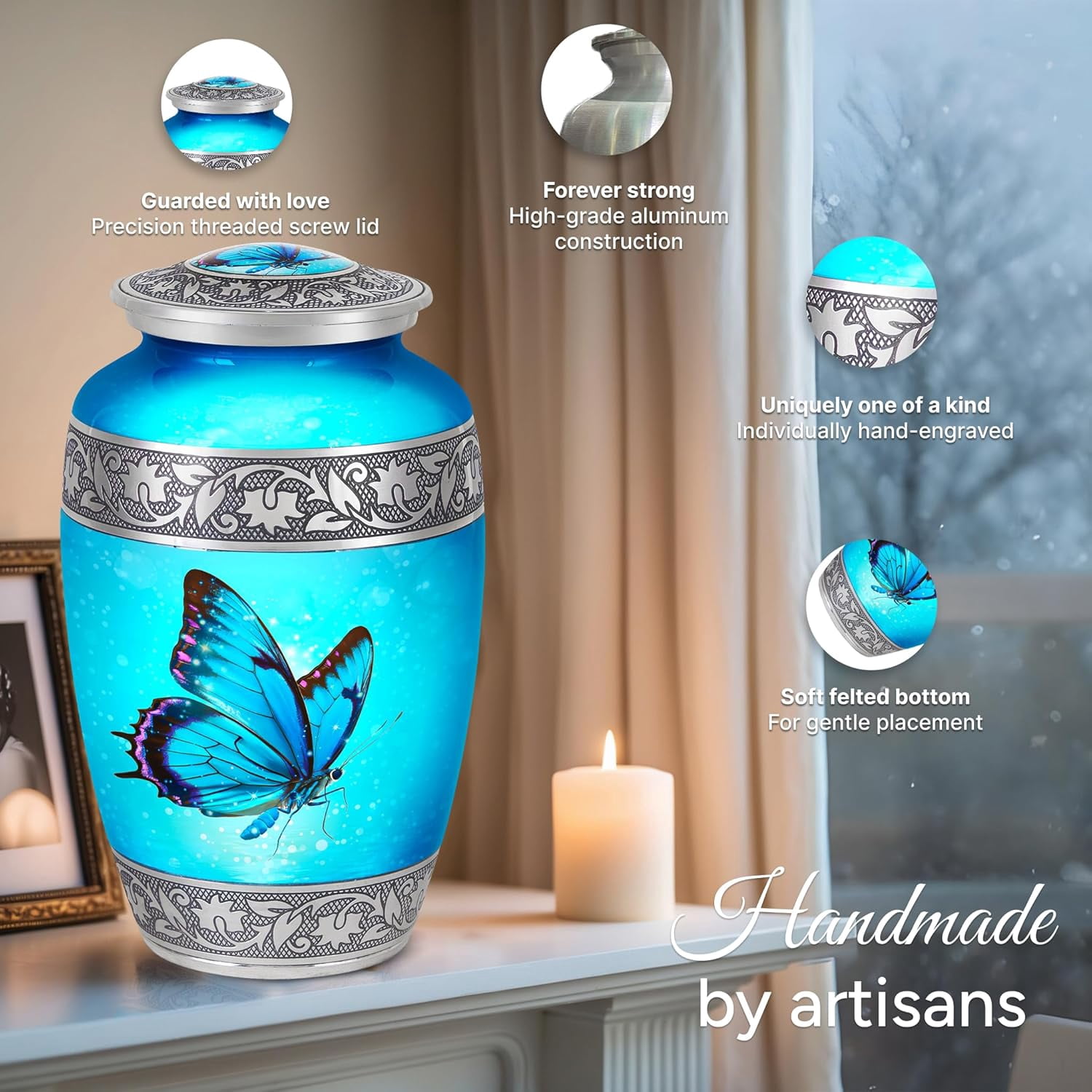 Set of 6 Butterfly Decorative Cremation Urns for Ashes for Women & Men Includes 1 Large Urn with 4 Small Keepsakes & 1 Necklace