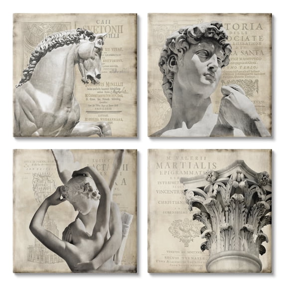 Vintage Greek Sculptures over Antique European Texts Vintage Gallery-Wrapped Canvas Print Wall Art, Set of 4, 17x17