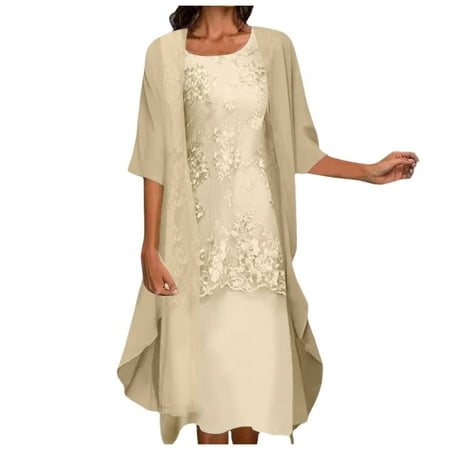 Gubotare 2 Piece Mother of the Bride Dresses Chiffon Lace Formal Wedding Guest Dress Long Sleeved Cardigan Layered Ruffles A Line Midi Dresses Cocktail Party Matching Set Yellow XL