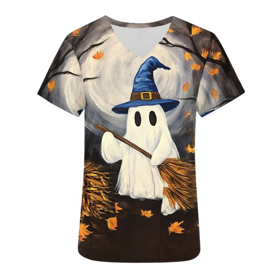QQZ 2026 Fall Womens Plus Size Halloween Graphic V Neck Short Sleeve Scrub Top With Pocket, Loose Fit Work Uniform Casual Blouse For Daily Wear