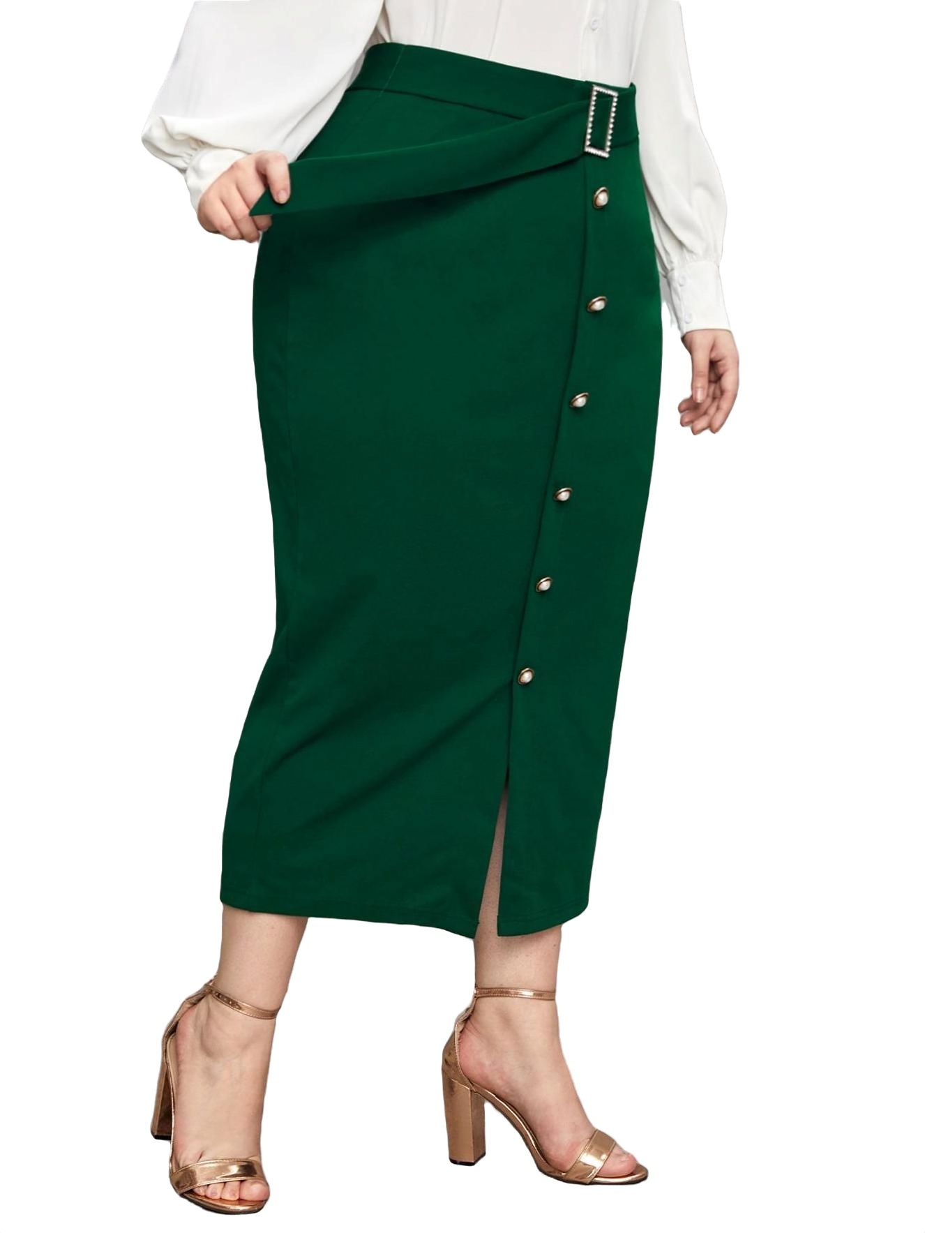 Elegant Solid Pencil Dark Green Plus Size Skirts (Women's)
