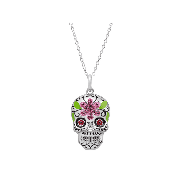 Women's Crystaluxe Flower Sugar Skull Pendant Necklace with Crystals in Sterling Silver, 16" 2"