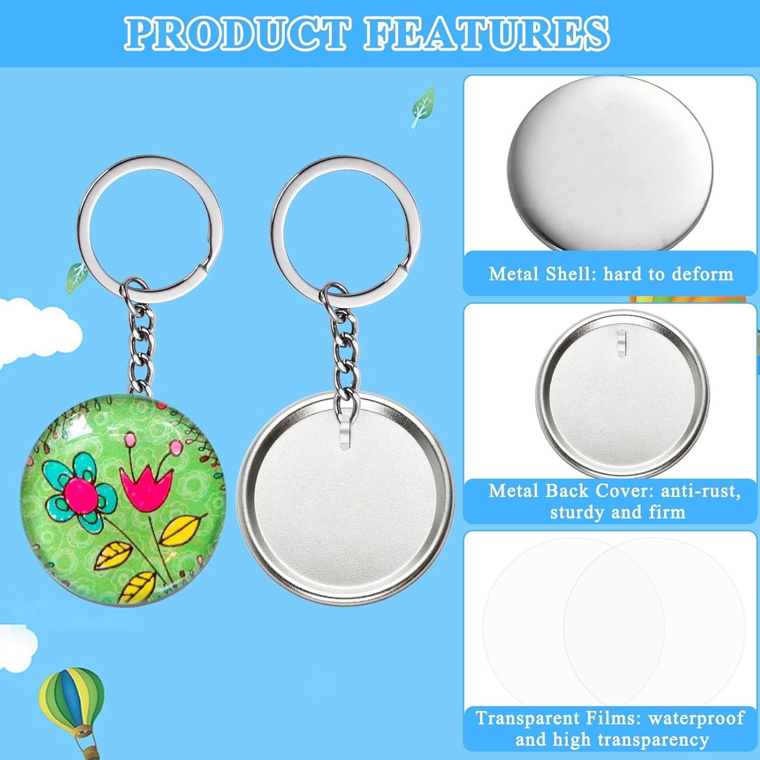 250Pcs Button Maker Keychain Supplies, 50 Sets 58mm Metal Keychain Making Supplies for Button Maker Machine, Badge Sets with Metal Shell Back Cover Transparent Film Blank Paper Chain