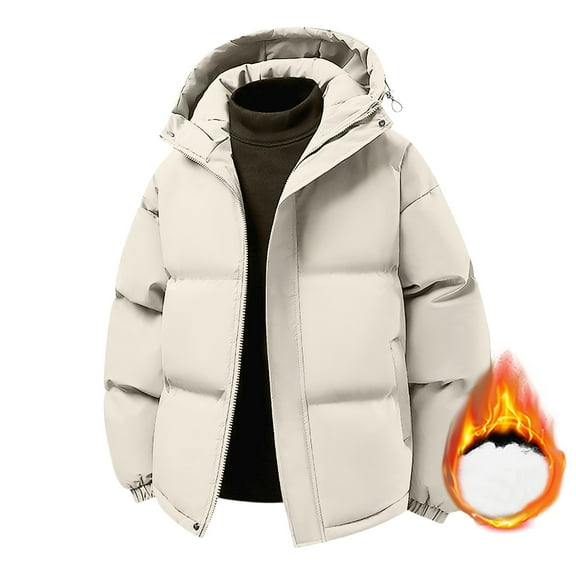 Men's Loose Casual Down Jacket with Long Sleeves and Hood Beige L