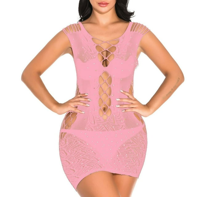 LSLJS Lingerie Érotique pour Femmes, Robe Tube Aguichant en Maille à Haute Élasticité, Ajourée, à Strass, Ensembles de Lingerie