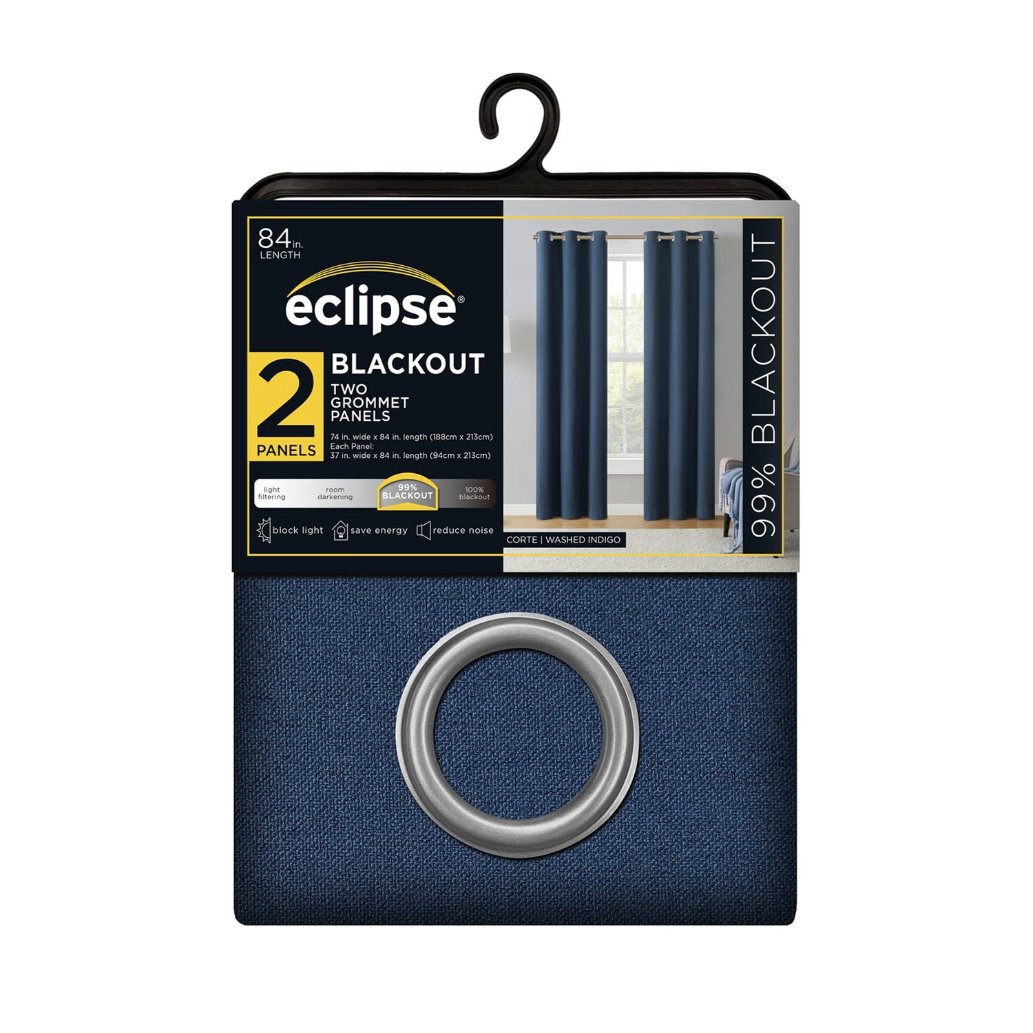 Eclipse Corte Solid Washed Indigo Blackout Grommet Top Single Curtain Panel, 52" x 84"