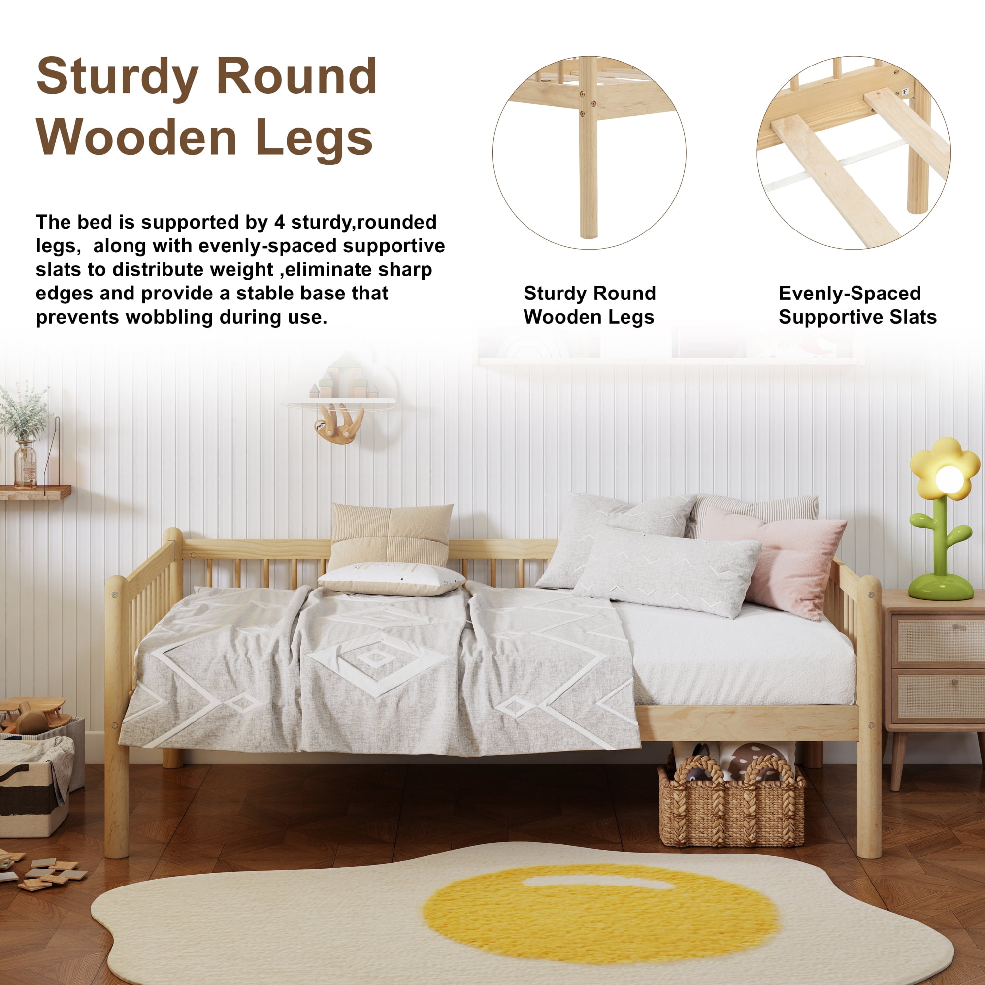 HOQBN Twin Size Pine Wood Daybed, Sofa Bed Frame with 3-Side Guardrails and 10 Support Slats for Bedroom, Natural