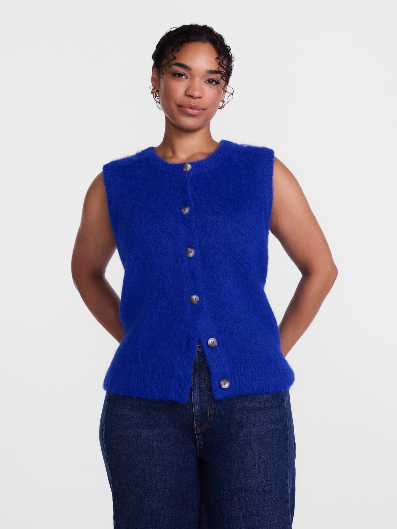 Scenario Women's and Women's Plus Button Front Textured Sweater Vest, Lightweight, Sizes XS-4X