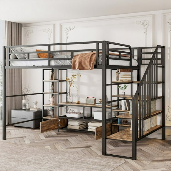 Full Size Metal Loft Bed - Sturdy & Space-Saving | Black