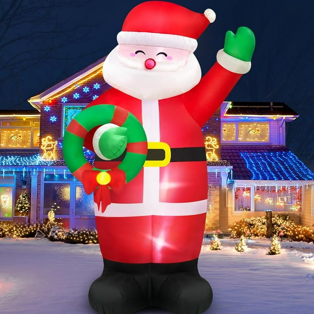 2.43M Inflable Navidad Exterior Santa Claus, Que sostiene la Guirnalda Decoracion Navidad Luces LED Coloridas giratorias integradas para Navidad decoración, Fiesta de Navidad, césped, Interior