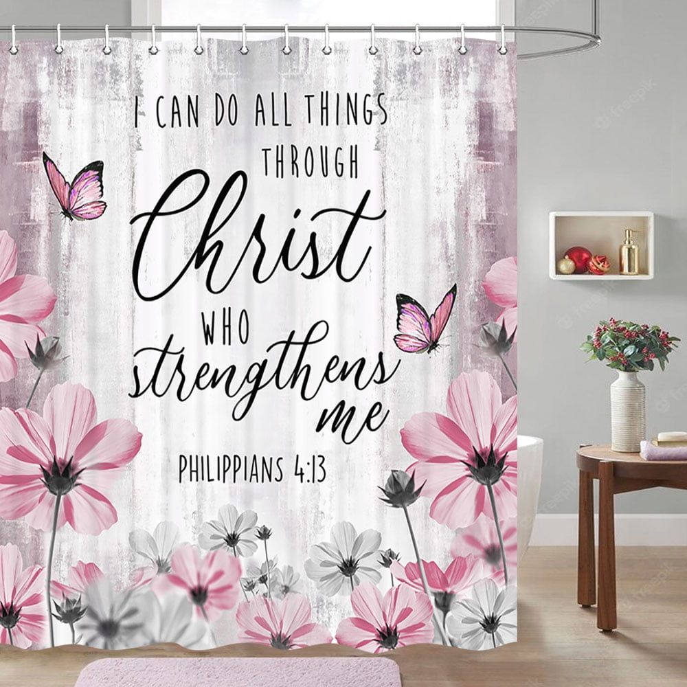 Bible Verse Shower Curtain, Pink Floral Daisy Shower Curtain Trust in The Lord Inspirational Quote Shower Curtain Rustic Farmhouse Butterfly Bathroom Shower Curtain Set with 12PCS Hooks, 72X72 Inches