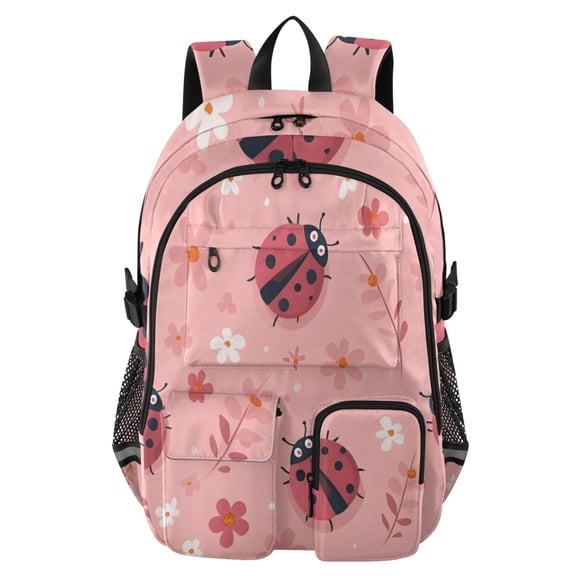 DIXRUYEE Soft Pink Ladybug Backpack for School 14”Laptop Compatible with Reflective Safety Strips