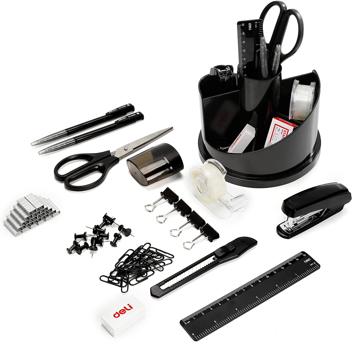 Deli Office Supplies Set, Desk Accessory Organizer Kit, Stapler Set, Rotating MultiFunctional
