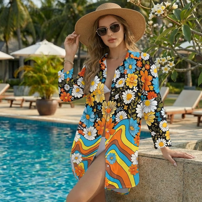 hippy beach dress Xyzcando Women's Button Down Swimsuit Cover Up Flowers Printed Long Sleeve Oversized Shirt Plus Size Cover Up Vacation Outfits for breathable lightweight fabric