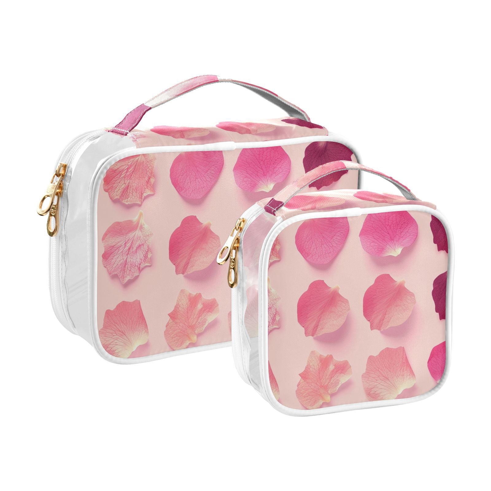 Clear Makeup Bags with Handle Large Opening 2 Pack Set Toiletry Bag Quart Size Bag, for Women Man Traveling Travel Essentials, Toiletries and Other. Flowers Pink Bloom Pattern