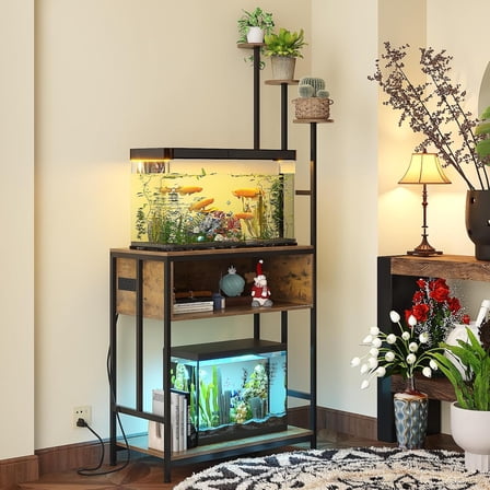 Aquarium Stand with Plant Shelves,20-Gallon Fish Tank Stand with 2-Tier Storage and Display Racks,Metal Frame Reptile Tank Table with Tall Plant Holders,Industrial Rack for Home,Office