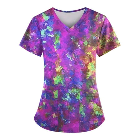 

Sksloeg Scrub Tops Women Clearance Women s Tops Cute Flower Printed Workwear Nurse T-Shirts With Pockets Shirts Nursing Working Uniform Purple M