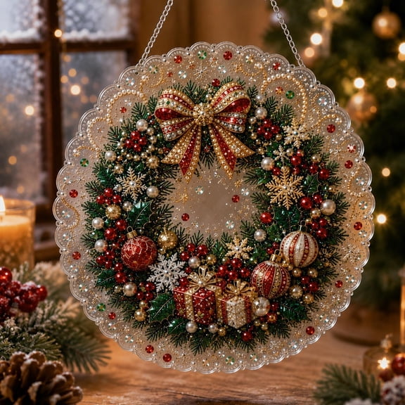 Christmas Pearl Diamond Painting Suncatcher Kit, DIY Window Hanging Ornament with Metal Chain, Acrylic Round Board and Pearl Beads
