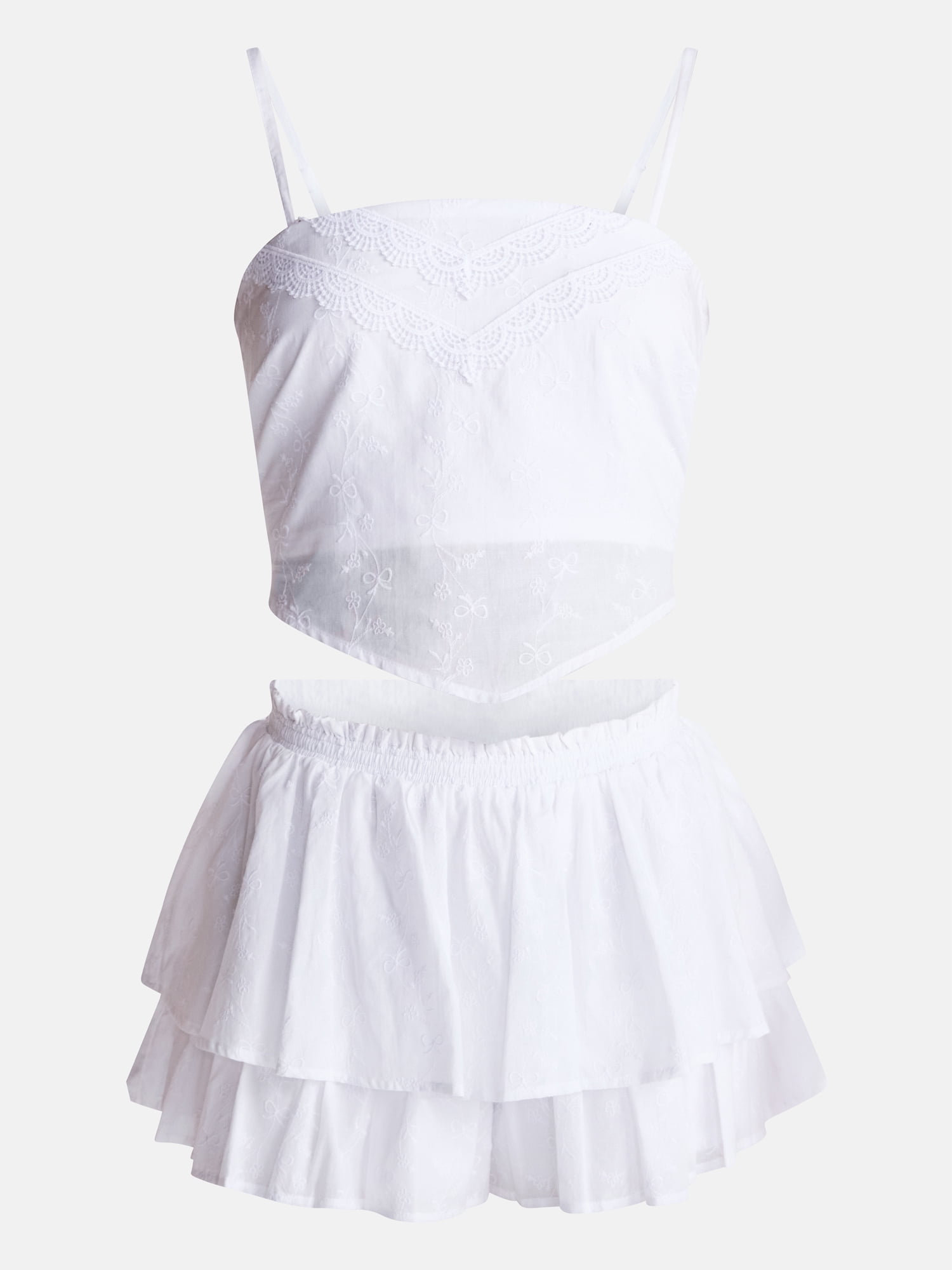 No Boundaries Eyelet Cotton Crop Top and Flutter Skirt Set, 2 Piece, Women's XXS-XXL