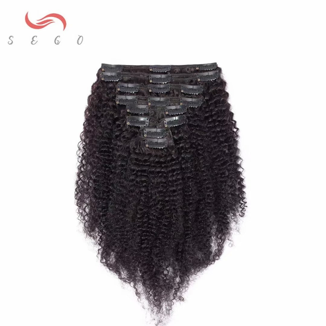 SEGO Kinky Curly Clip in Real Human Hair Extensions Double Weft Remy Full Head Thick Hair Extensions for Women