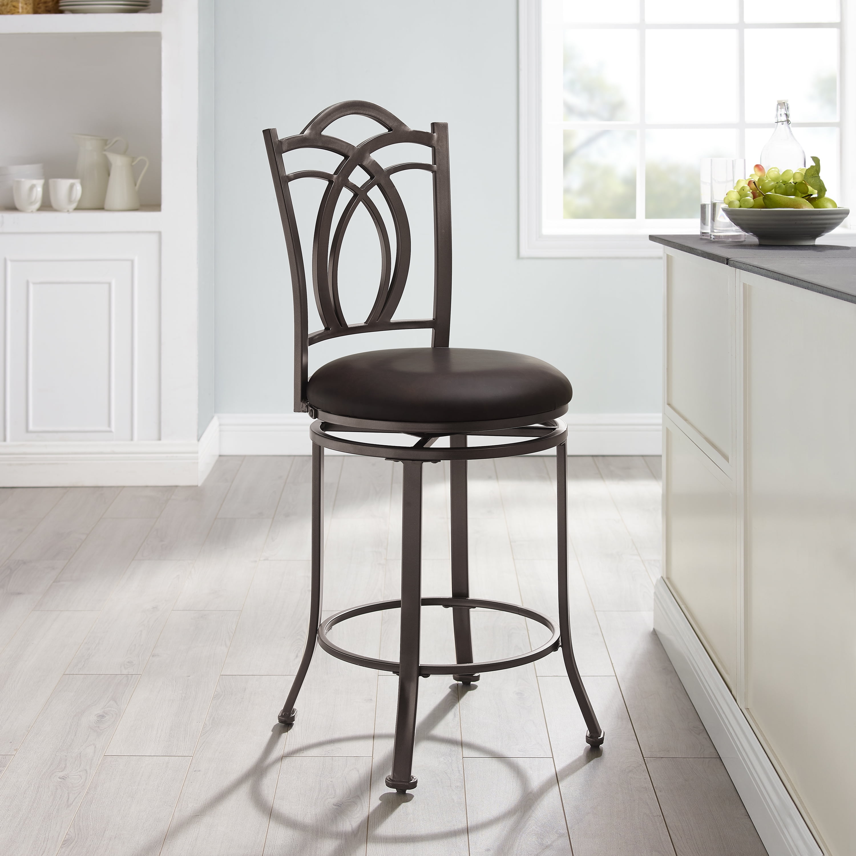 Linon Mokena 24" Round High Back Counter Stool, Coffee Brown/Coffee Faux Leather