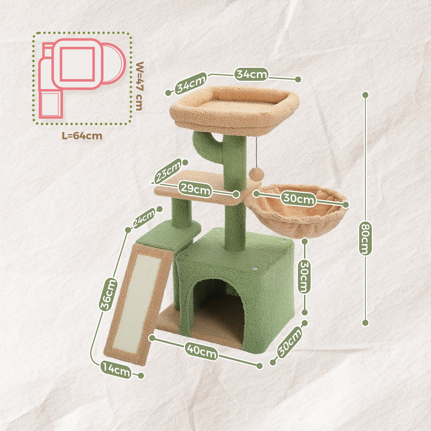 Pefilos 32" Cat Tree Tower, Cute Cat Condo with Sisal Scratching Ramp, Cozy Hammock and Removable Top Bed Perch for Indoor Kittens, Green