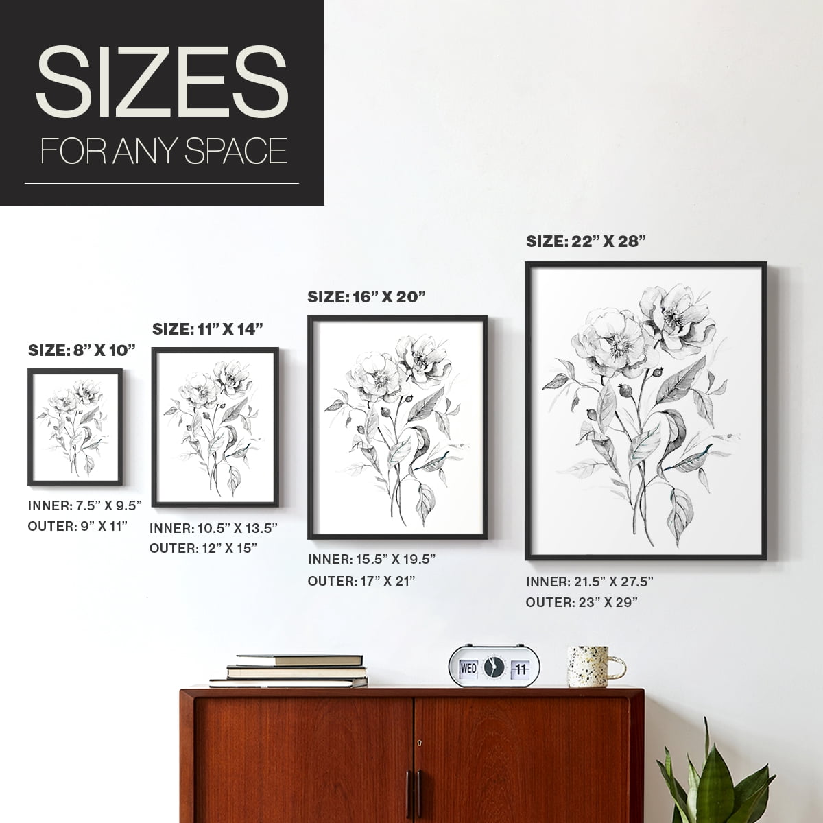 Wild Roses Sketch Framed Print in Black Solid Wood 8 x 10 Framed Print