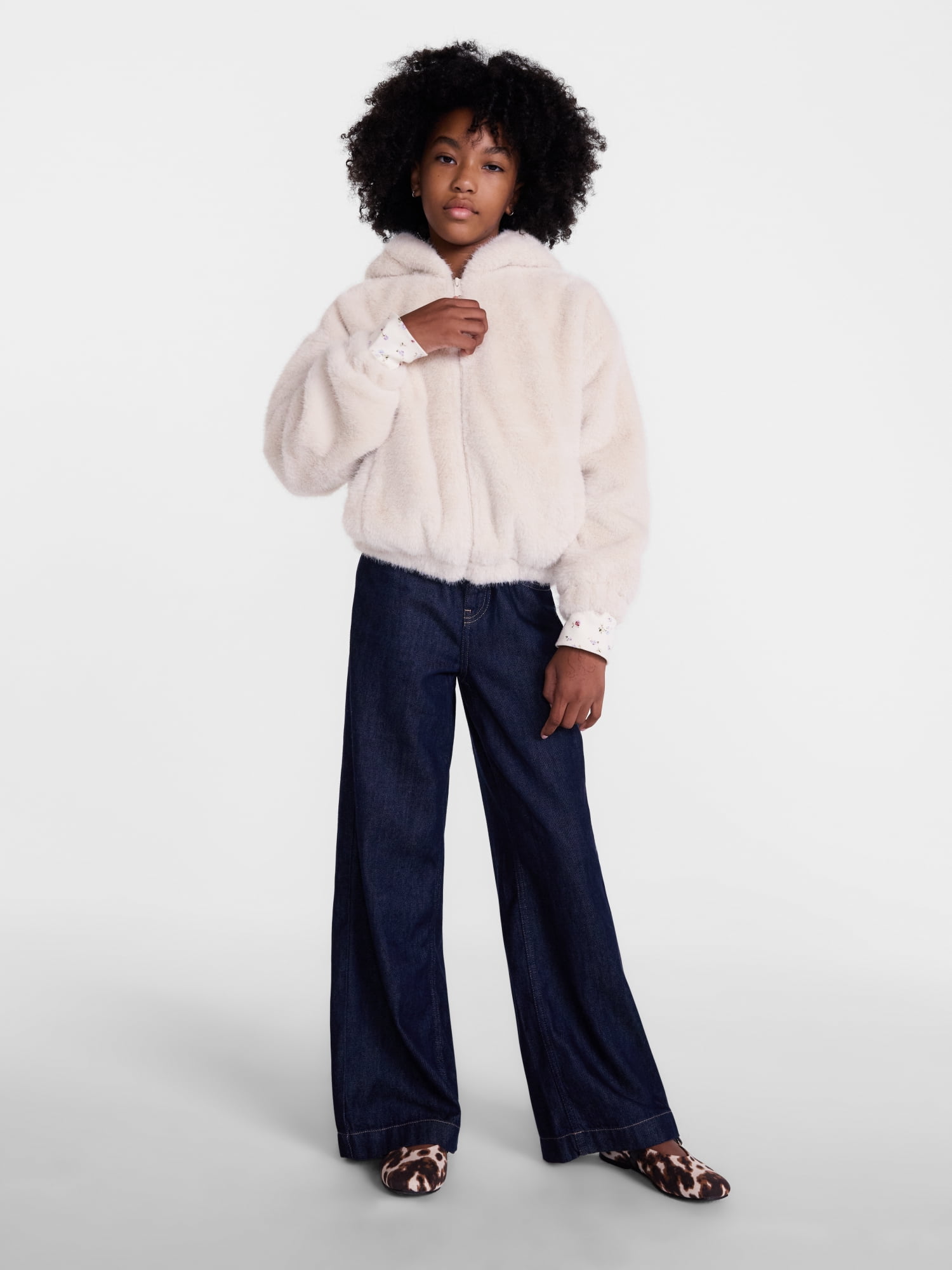 Weekend Academy Girls Fuzzy Faux Fur Hooded Jacket with Long Sleeves, Sizes 4-18