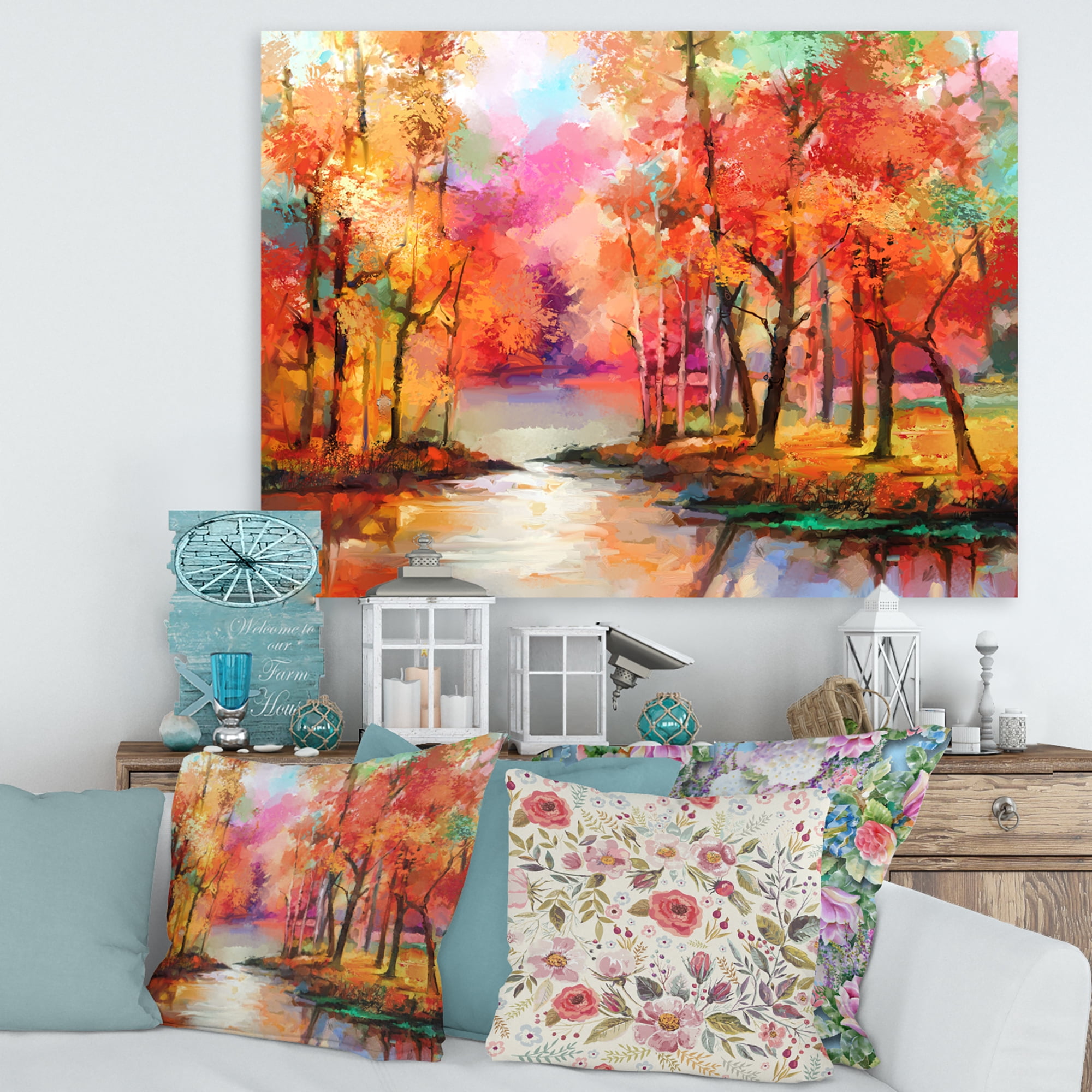 Designart ' The Lake In Autumn By Colorful Autumn Trees ' Modern Canvas Wall Art Print