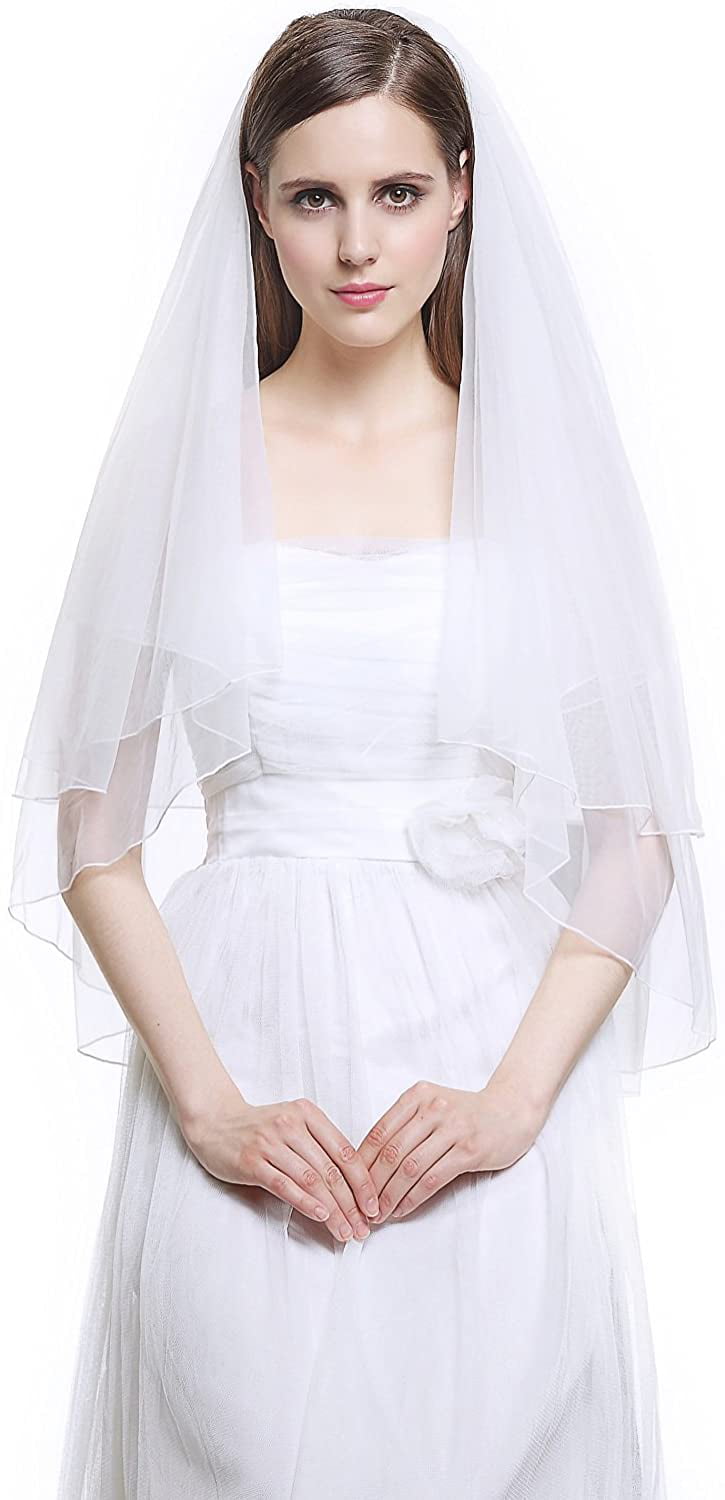 New White or Ivory Lace Tulle 2 Tier Elbow Length Bridal Veil with Comb 