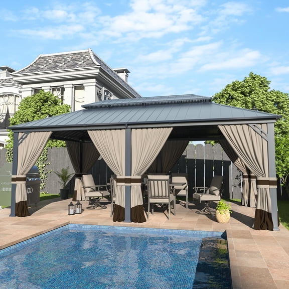 Kullavik 12'x20' Hardtop Gazebo, Outdoor Double Roof Canopy with Netting and Curtains, Galvanized Metal Frame, Sunshade for Patio, Backyard, Deck and Lawns-Sand