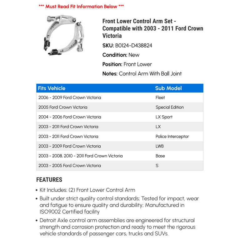 Front Upper And Lower Control Arm And Ball Joint Assembly Kit - 4 Piece Compatible 1995 2002 Ford Crown Victoria 1996 1997 1998 1999 2000 2001 Front Upper And Lower Control Arm And Ball Joint Assembly Kit - 4 Piece Compatible 1995 2002 Ford Crown Victoria 1996 1997 1998 1999 2000 2001