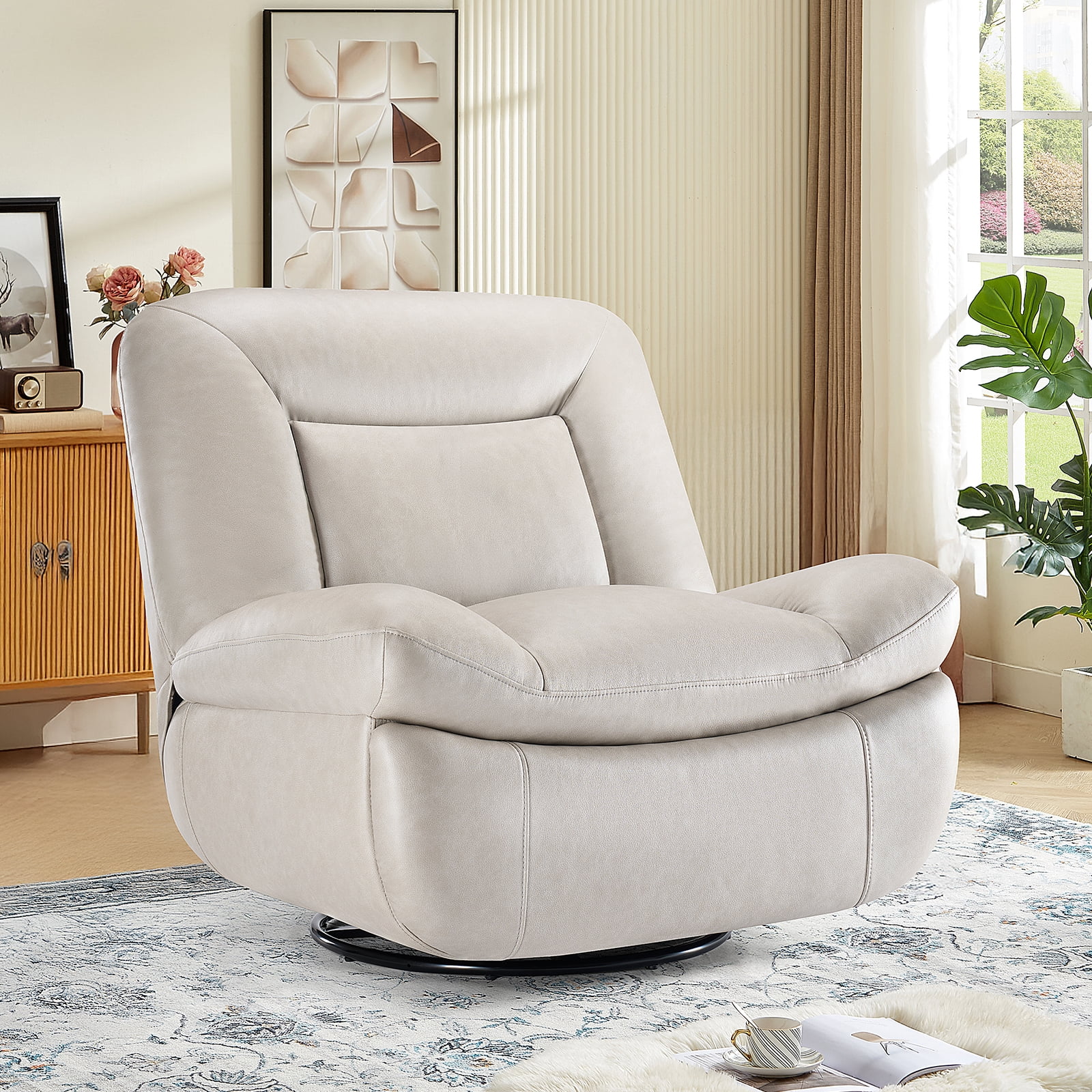 EDX Recliner Chair, 360 Swivel Rocker Chair for Adults, Rocking Chair Nursery, Thickened Seat Cushion Upholstered Linen Recliner Rocking Chair for Living Room, Beige