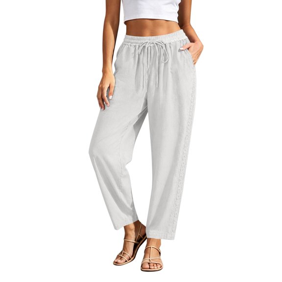Besolor Women's Cotton Linen Pants Summer Casual Lace Drawstring Elastic Waist Cropped Trouser with Pockets