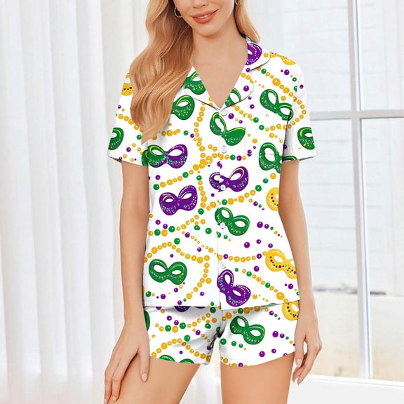 Vetsdori Button up Pajamas Sets for Women Short Sleeve Mardi Gras Homewear Summer Casual Loungewear 2 Pieces Soft,Shorts & Top Womens Pjs Sleepwear