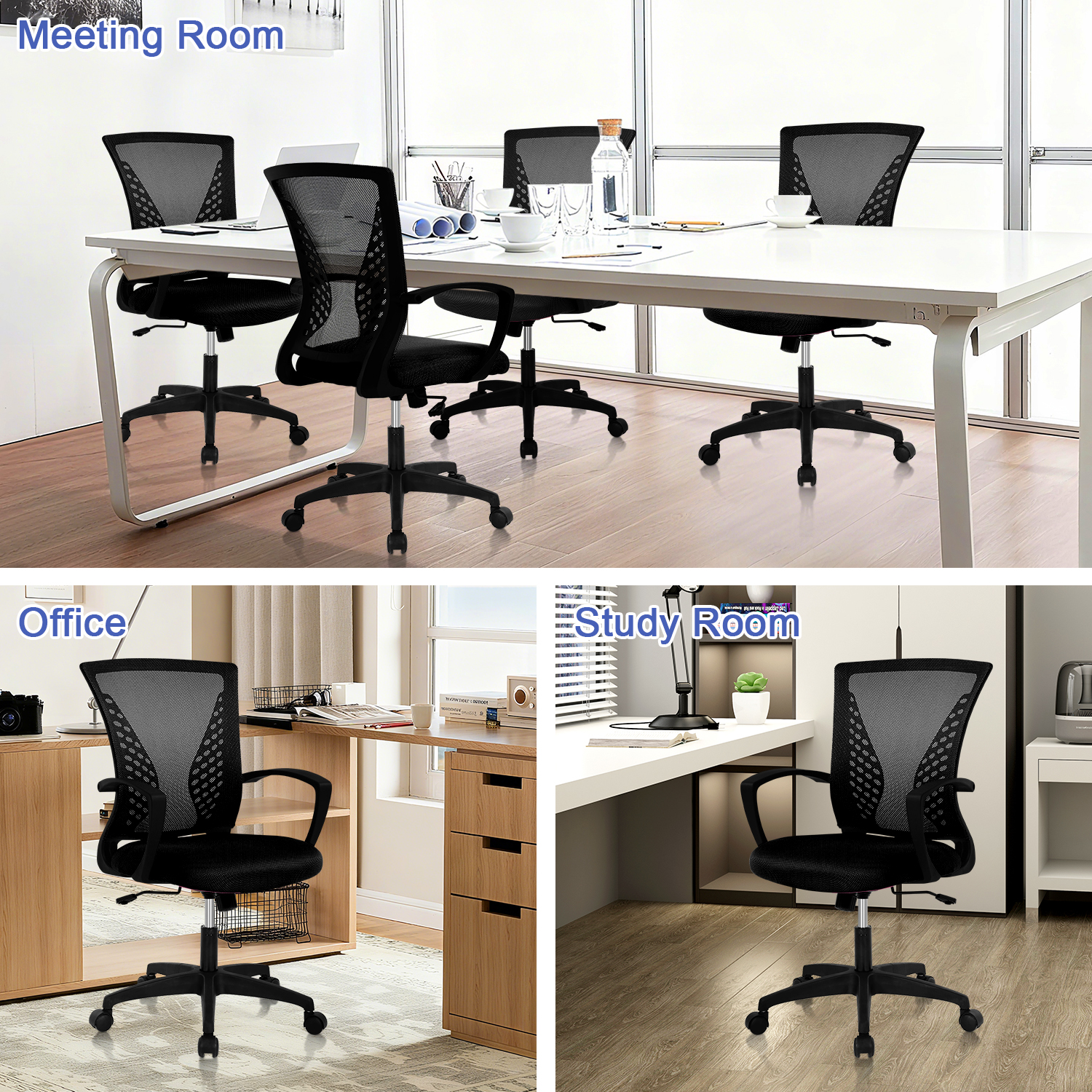Mid-Back Office Chair, Ergonomic Computer Chair Adjustable Desk Chair with Armrest, Rolling Swivel Chair for Home&Office, Easy to Assemble, Black