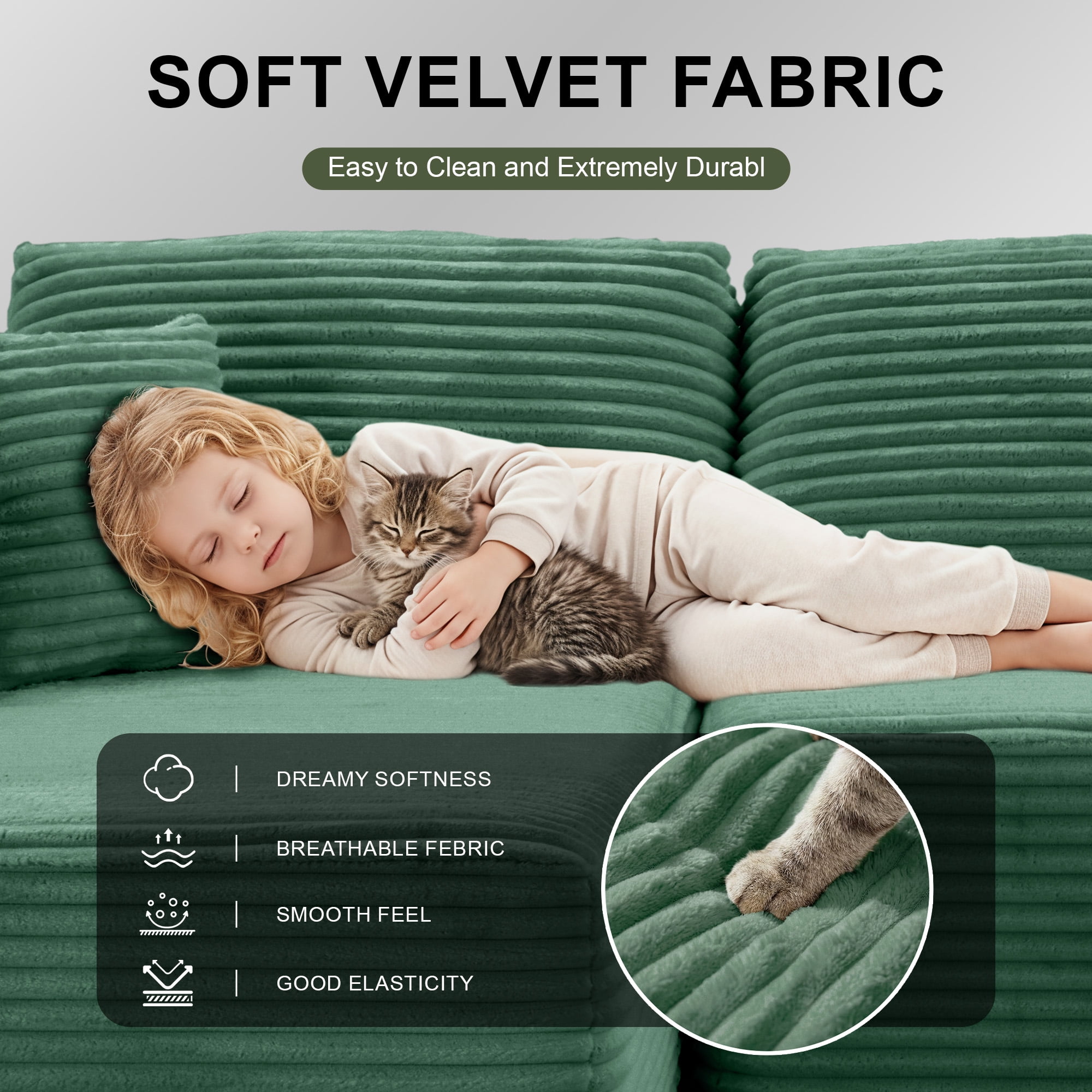 MAYEERTY Modern Corduroy Modular Sofa, Sectional Boneless Couches for Home, 104×67" Green