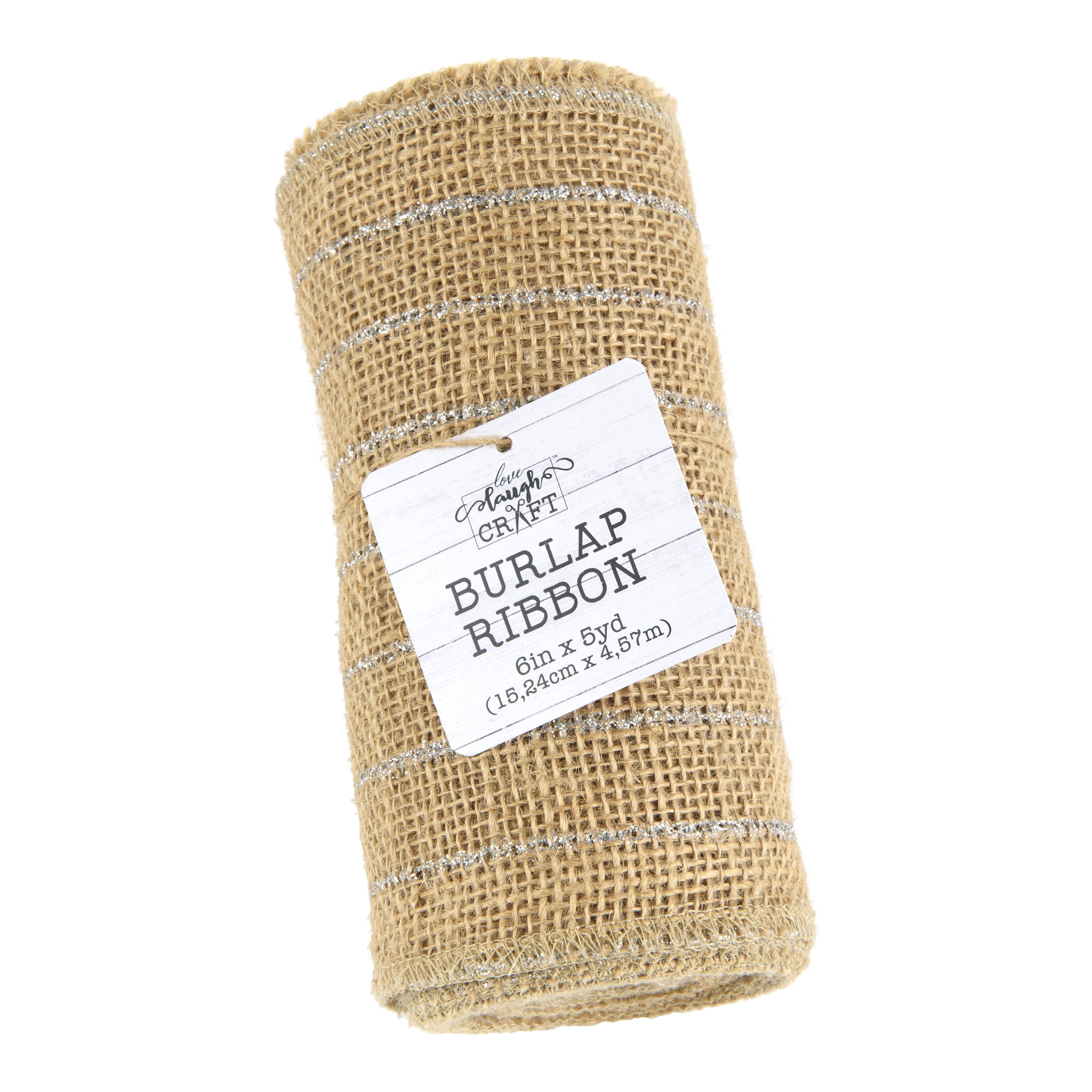 Love, Laugh, Craft Jute Burlap Roll Precut, 6in W x 5 Yards, 740-28, Brown/Silver Stripe Glitter