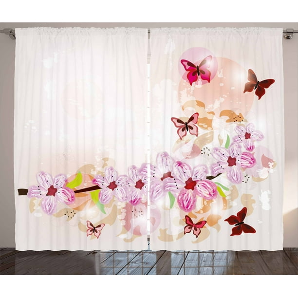 Peach Curtains 2 Panels Set, Artistic Spring Flower Arrangement with