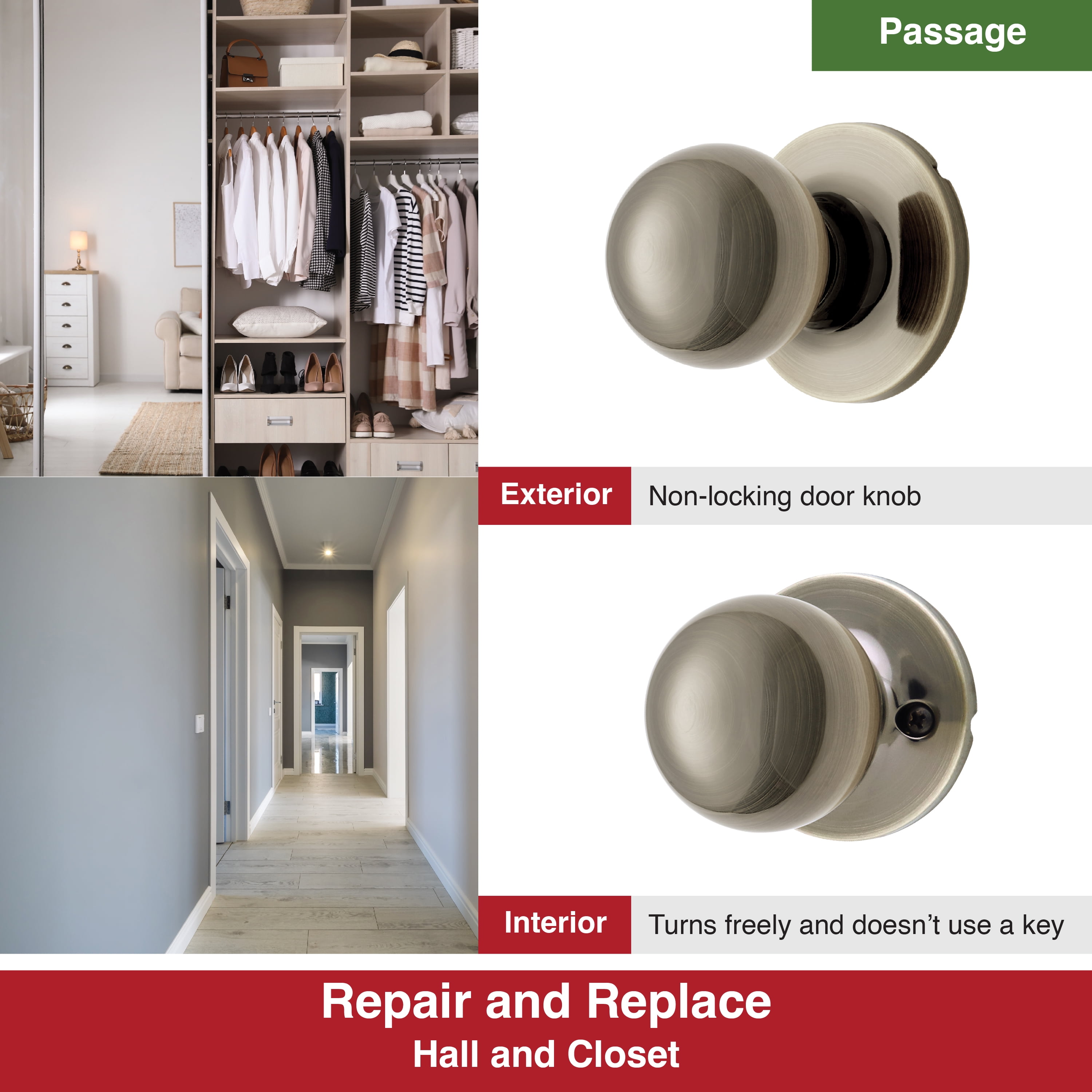 Hyper Tough Interior Non-Locking Ball Passage Hall & Closet Doorknob Antique Brass Finish