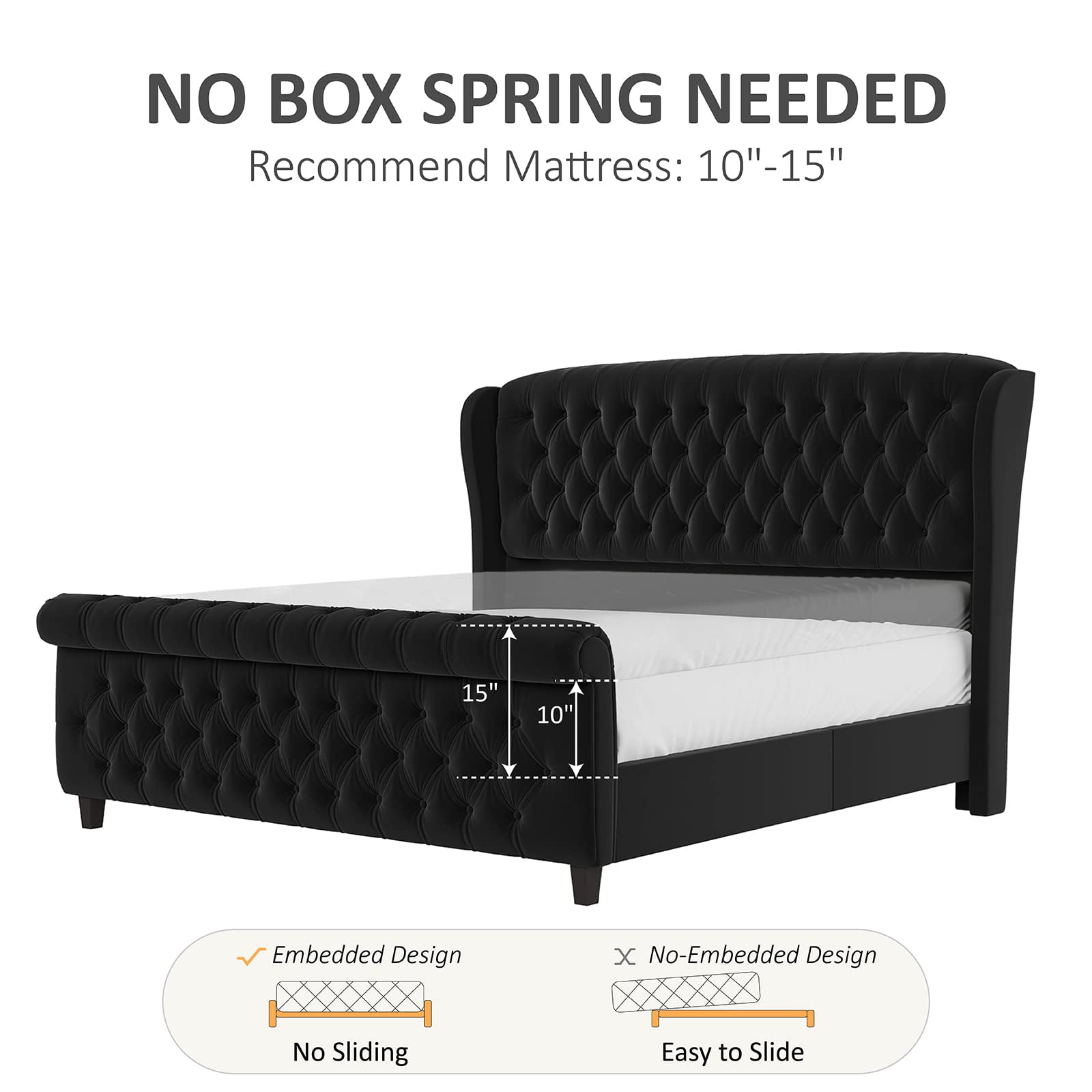 VanAcc King Size Platform Bed Frame, Chenille Upholstered Sleigh Bed Frame, Black