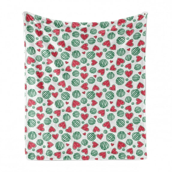 Melon Soft Flannel Fleece Throw Blanket, Summer Love Themed Pattern with Round and Heart Shaped Watermelons, Cozy Plush for Indoor and Outdoor Use, 60" x 80", Dark Coral Forest Green, by Ambesonne