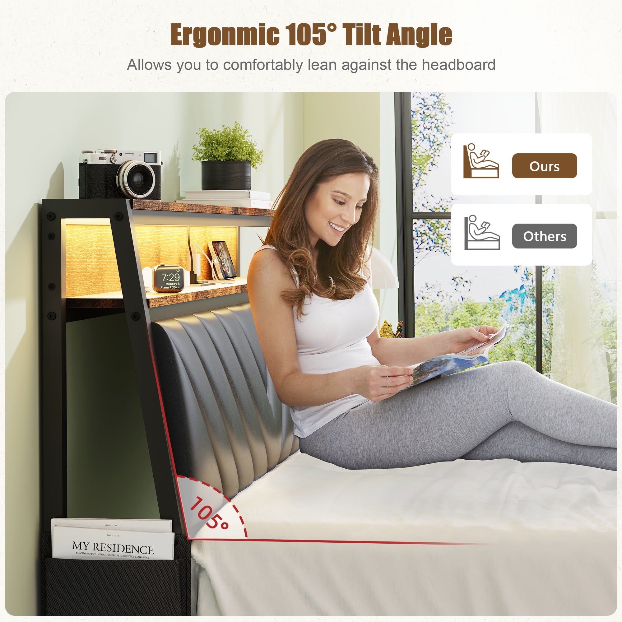 Yoneston Queen Size Platform Bed Frame with Ergonomic Tilted Upholstered Headboard, Storage LED Bed Frame with Charging Station for Kids, Adult - Brwon