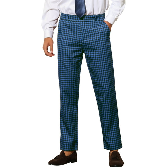 INSPIRE CHIC Men's Pants Houndstooth Checked Slim Fit Zipper Closure Dress Pants 32 Blue Black